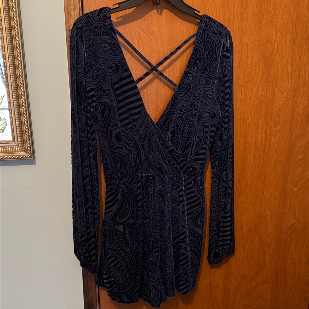 Navy Blue Paisley Long Sleeve Romper